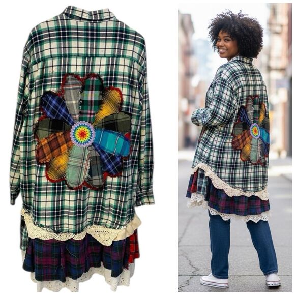 Flannel Shirt Womens 3X Duster Shacket Green Cottage Grunge Art Upcycle Peasant - Picture 2 of 16